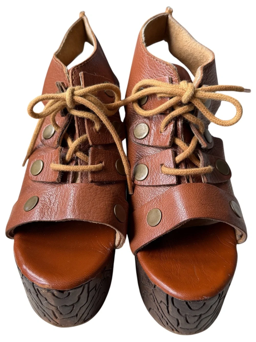 Free People Platform Clog Heels Womens 38 7.5 Brown Leather Wood Farrah Lace Up